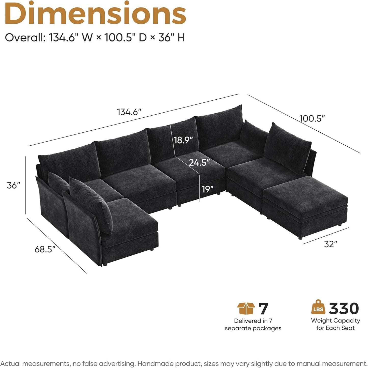 134.6" Oversized Modular Sectional Sofa, Large 7 Seater U Shaped Couch with Storage Ottoman with Reversible Chaise Deep Seat for Living Room, Apartment - Chenille Black