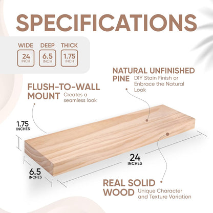 Homeforia 24 inch Wood Floating Shelves, High End Solid Natural Wood 24inch Floating Shelf for Wall, Unfinished Wooden 24 inches Floating Shelves, Heavy Duty Bracket, 24 X 6.5 X 1.75 in, Set of 2