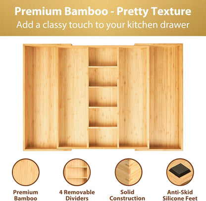 Umilife Extra Large Expandable Kitchen Drawer Organizer for Utensil and Junk, 19" Deep for Big Drawer, 17" to 28" Adjustable Bamboo Wood Drawer Divider, Cutlery Tray, Flatware Holder