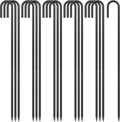 J Hook Rebar Stakes 36 Inch 3/8 Inch Diameter Steel Tent Stakes Heavy Duty Chain Link Fence Stakes Trampoline Stakes with Chisel Point End Metal Stakes for Ground, Canopy Swing Set, Black (16 Pcs)