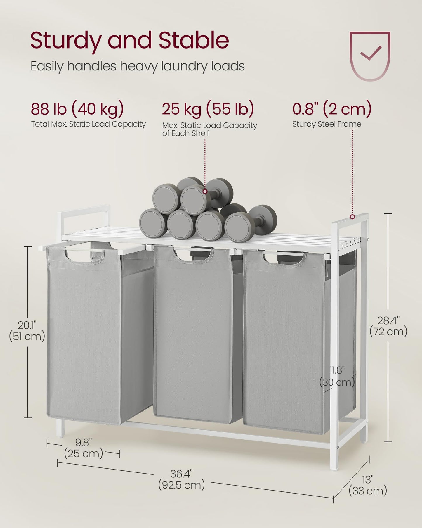 VASAGLE Laundry Hamper, Laundry Basket, Laundry Sorter with 3 Pull-Out and Removable Bags, Shelf