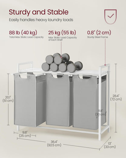 VASAGLE Laundry Hamper, Laundry Basket, Laundry Sorter with 3 Pull-Out and Removable Bags, Shelf
