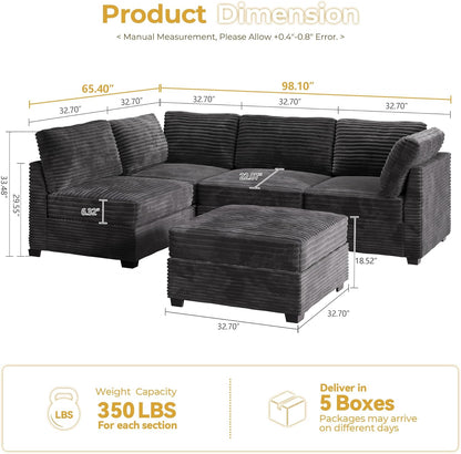 HOOOWOOO Modular Sectional Sofa,5 Pieces Sectional Couches for Living Room,98X55 L Shaped Cloud Couch with Ottoman Chaise Set(Grey Velvet Corduroy)
