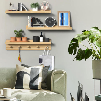 MBYD Natural Wood Floating Shelves, Unfinished Wood Picture Ledge, 24 Inch Picture Ledge for Kids Room, Floating Nursery Book Shelf with Hooks for Living Room, Kitchen, Bathroom