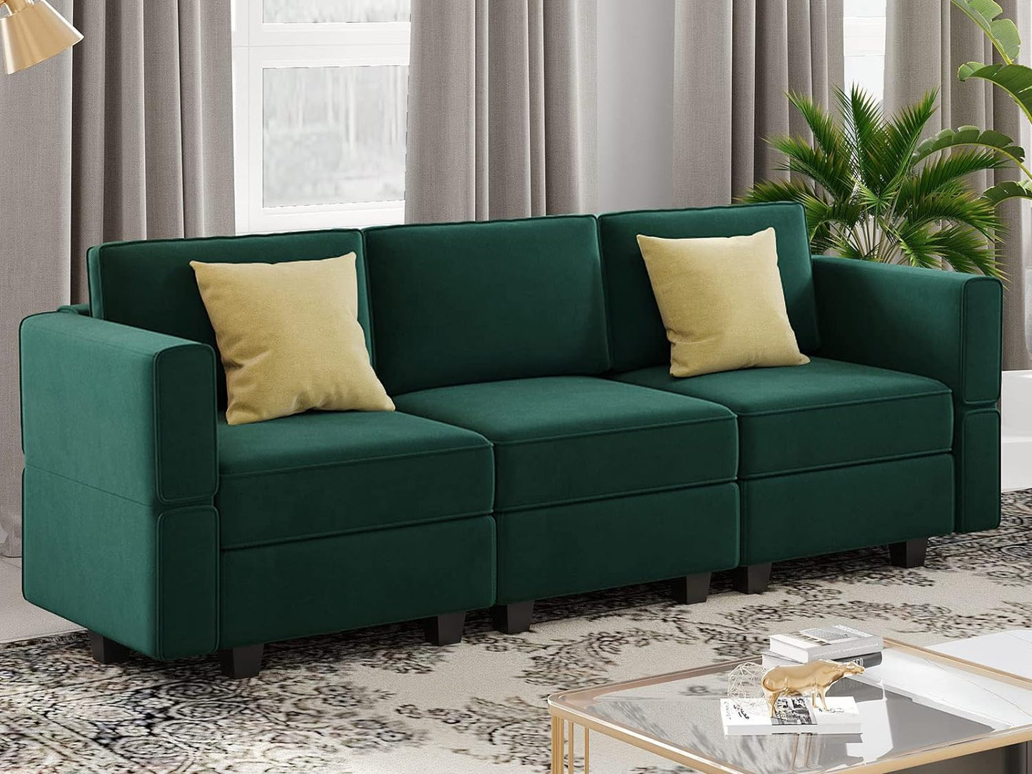 Belffin Modular Sofa Couch with Storage Seats Velvet 3 Seater Sofa for Living Room Green