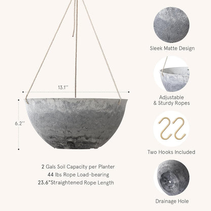 LA JOLIE MUSE Large Hanging Planters for Indoor Outdoor Plants, Hanging Flower Pots Marble Pattern (13.2 Inch,Set of 2)