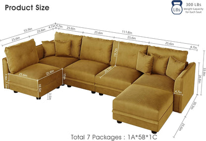 LLappuil Modular Sectional Sofa with Storage Seats, Corduroy Convertible Modular U Shaped Sectional Couch for Living Room, 6 Seat Oversized Sofa with 5 Back Cushion 5 Throw Pillow, Yellow