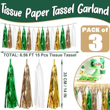 3P Sage-Green Beige-Mint Gold Foil Fringe Metallic Tassel Garland Banner, Tassels Banner Streamers for Parade Floats, Bachelorette, Wedding, Birthday, Christmas, Bridal/Baby Shower Party Decorations