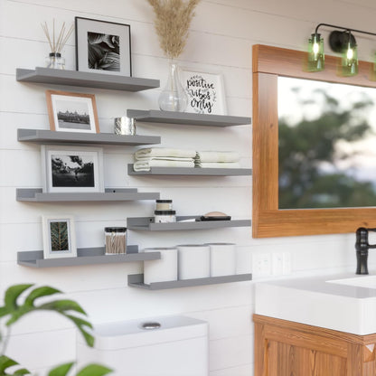 RICHER HOUSE 8 Set Floating Wall Mounted Shelves, Nursery Hanging Book Shelves with Lip for Storage, Gray Display Picture Ledge Shelf for Bedroom Bathroom Kitchen Living Room Wall Decor, Modern Grey