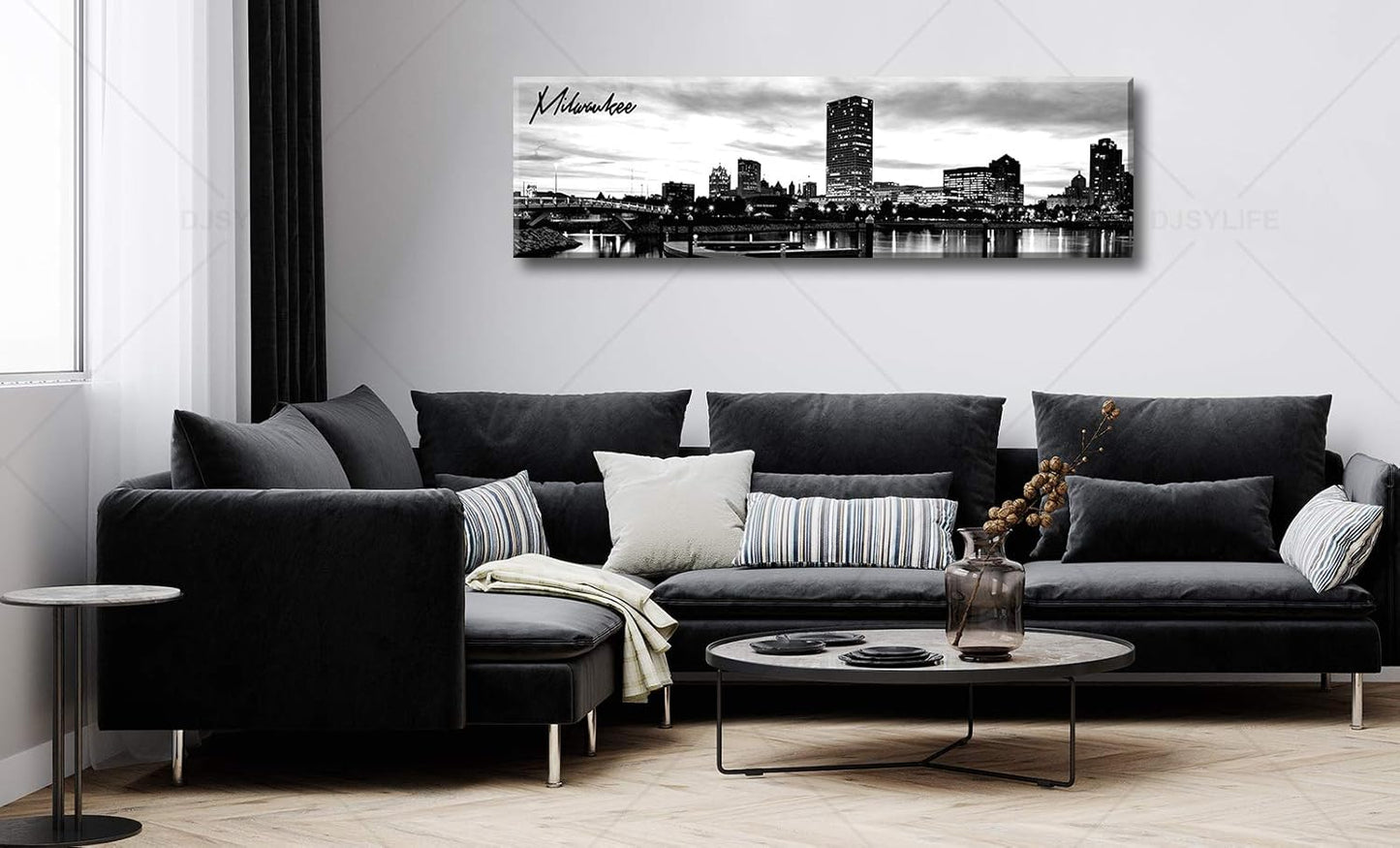 DJSYLIFE Milwaukee Skyline Wall Art Black and White Stretched Canvas Wall Art Prints for Bedroom or Office Decoration Ready to Hang 13.8" x 47.3"