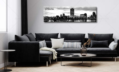 DJSYLIFE Milwaukee Skyline Wall Art Black and White Stretched Canvas Wall Art Prints for Bedroom or Office Decoration Ready to Hang 13.8" x 47.3"