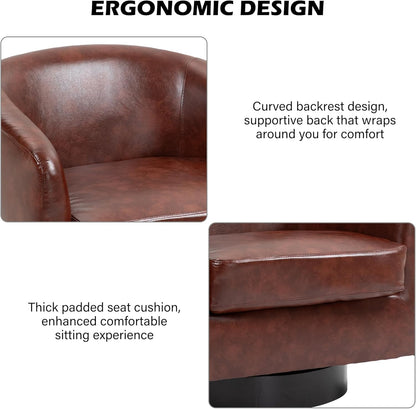 Swivel Barrel Accent Chair, Modern Round Faux Leather Arm Chair for Living Room, Bedroom, Comfy Club Reading Chairs for Adults(Faux Leather, Red Brown, Set of 4)