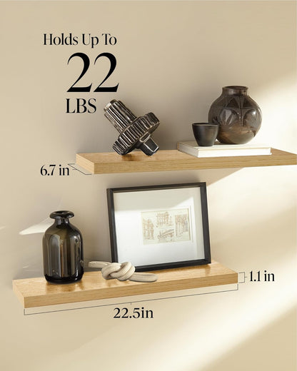 BAYKA Floating Shelves, 22.5" Wall Mounted Wood Shelves for Bathroom, Bedroom, Living Room, Kitchen, Hanging Shelf for Books/Storage/Decor (Oak-Toned,Set of 2)