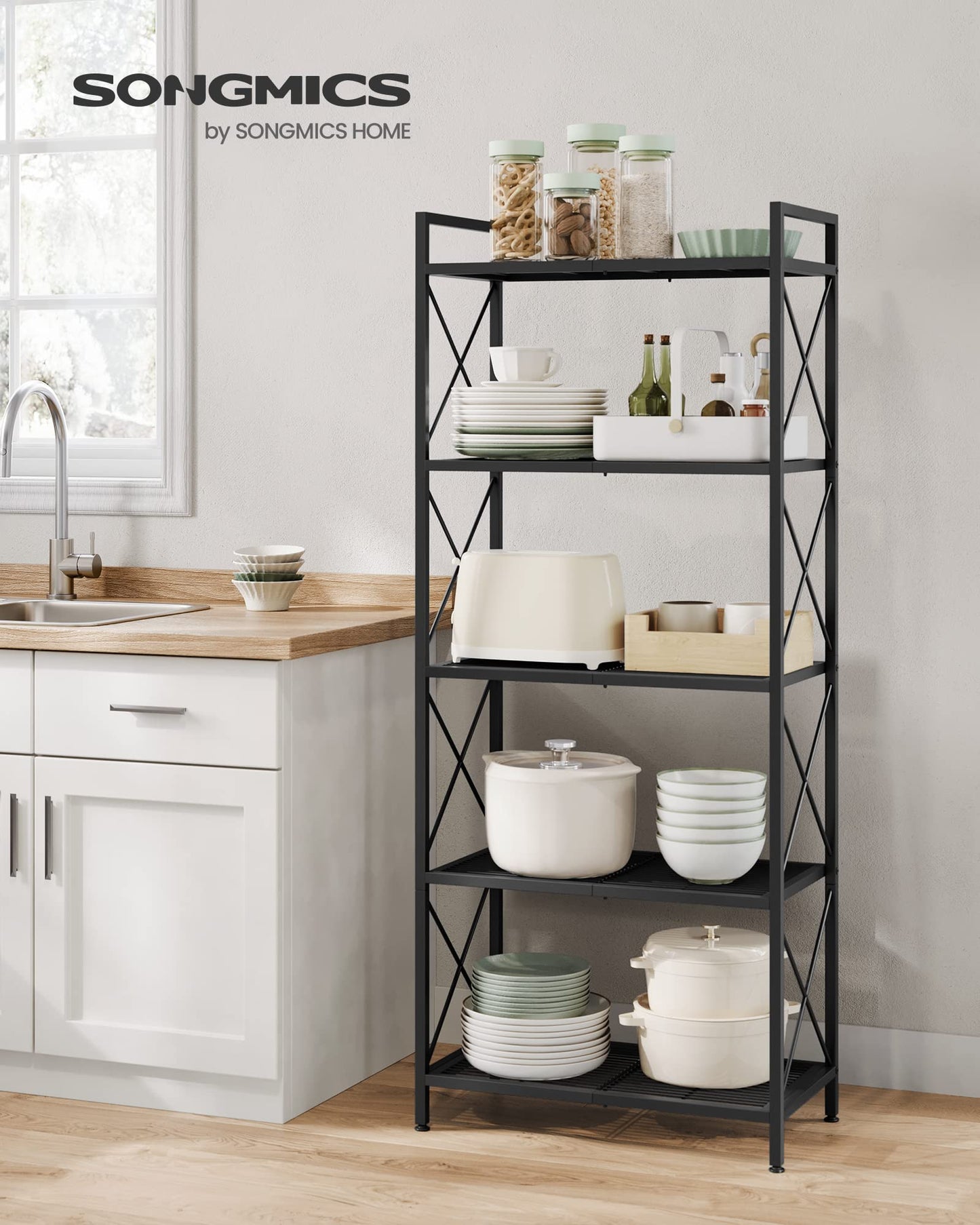 SONGMICS 5-Tier Metal Storage Rack, Shelving Unit with X Side Frames
