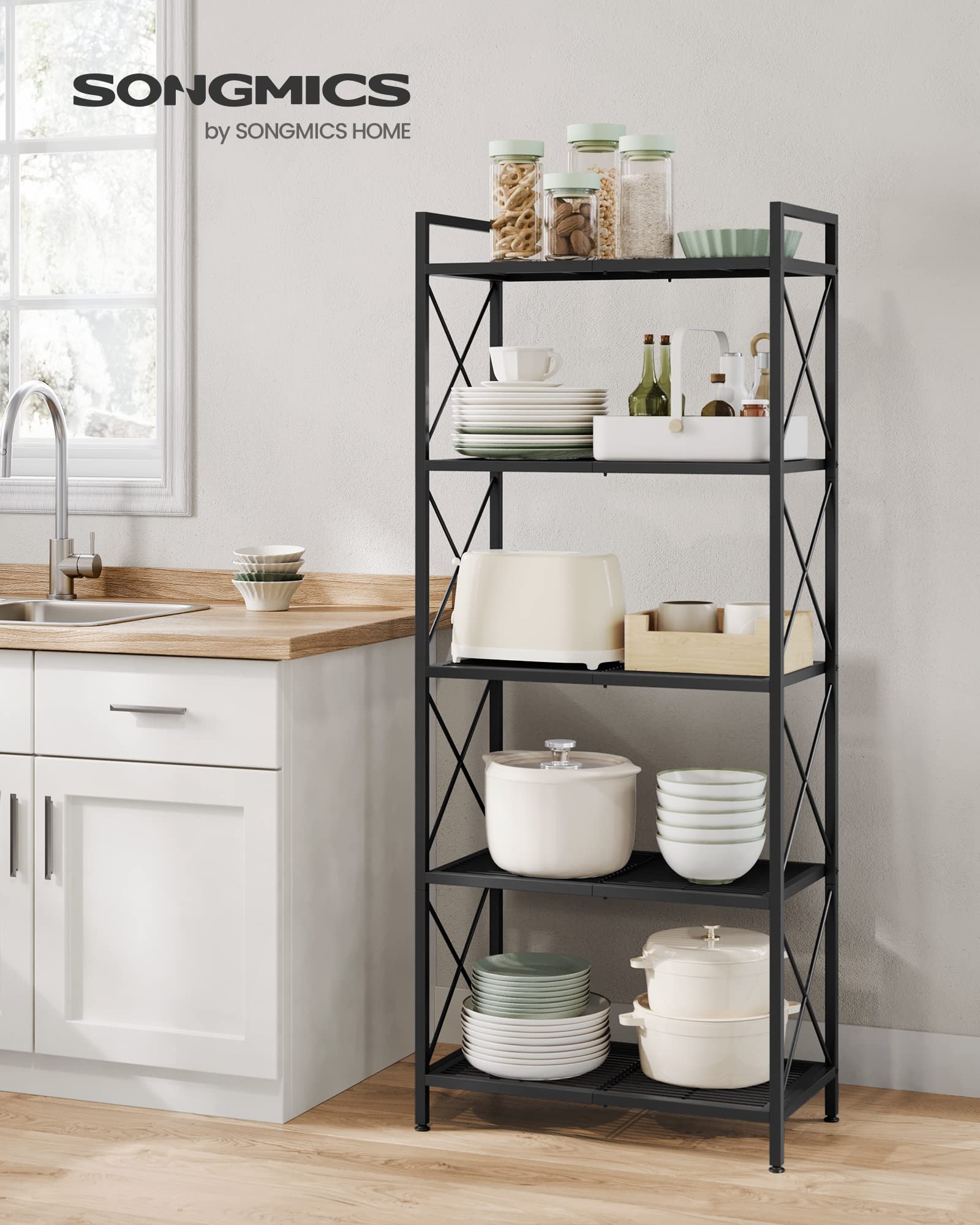 SONGMICS 5-Tier Metal Storage Rack, Shelving Unit with X Side Frames