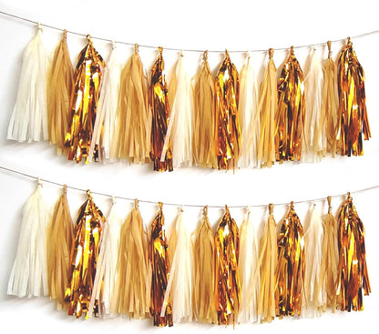 Shiny Tassel Garland Tissue Paper Tassel Banner,Tassels Party Decorations for Wedding,Birthday,Bridal/Baby Shower,Pack of 15 (Gold/Tan/Ivory)