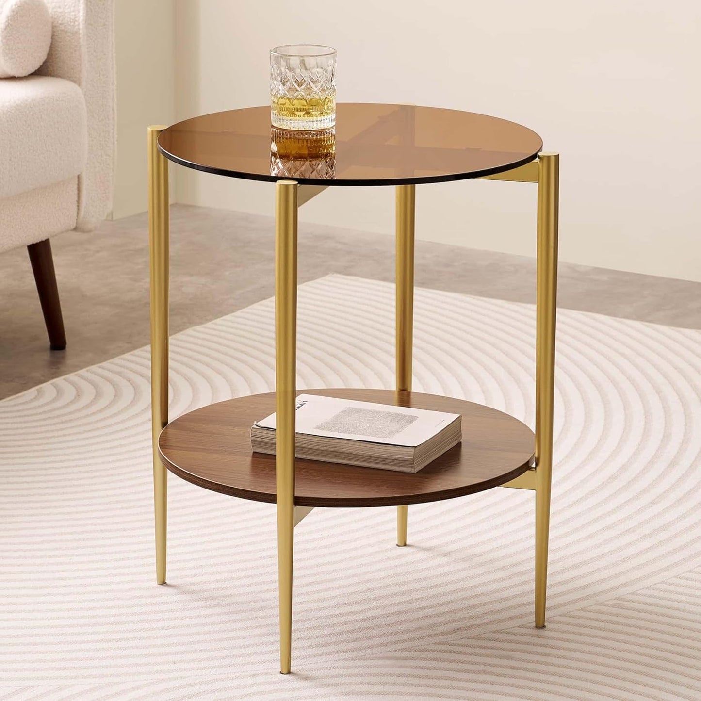 Round Glass End Table, Mid-Century Modern Design Sofa Table for Living Room, D18 x H23, 2-Tier Structure, Amber Glass Top and Walnut Shelf, Sleek Conical Legs with Gold Finish Frame