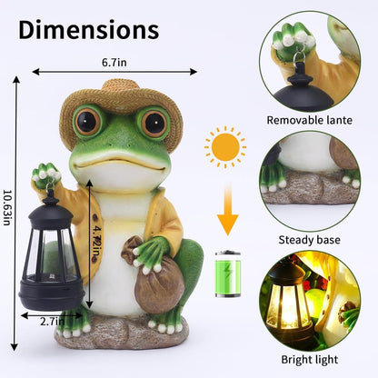 Solar Garden Outdoor Frog Statue 10 inches Tall - with Handheld Lanterns - Detachable - Patio, Balcony, Shelf, Tabletop, Lawn Decoration - Unique Housewarming, Birthday, Thanksgiving, Mom Gifts