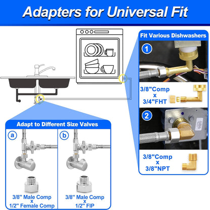 Dishwasher Installation Kit - 6 FT Stainless Steel Dishwasher Hose with 3/8" Compression Connections,Food Grade PEX Inner Tube Dishwasher Water Supply Line with Elbows,Adapters and 6 FT Power Cord