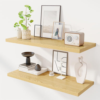 36" Floating Shelves for Wall, 12" Deep Slim Oak Floating Shelves, Wall-Mounted Shelves for Bedroom, Living Room, Kitchen, Bathroom - Set of 2