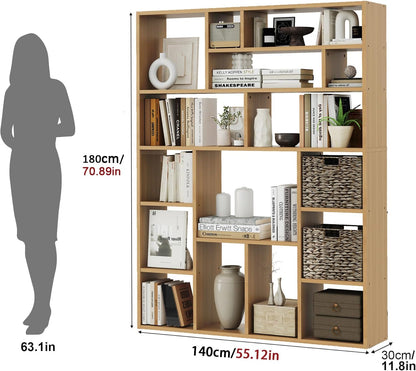 71" Tall 6-Tier Heavy Duty Bookcase with 2 Foldable Storage Baskets, 55" Wide Open Bookshelf with 16 Irregular Cubes for Living Room, Office （Yellow）