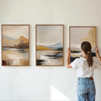 Tinonedraw Beige Mountain Landscape Framed Canvas Wall Art, Abstract Mid Century Modern Wall Decor, Golden Hour Lake Artwork, Neutral Nature Scenery Art Printing for Living Room Bedroom Office 16"x24"x3