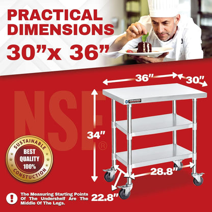 DuraSteel Stainless Steel Work Table 30" x 36" x 34" Height w/ 4 Caster Wheels - Food Prep Commercial Grade Worktable - NSF Certified - Good for Restaurant, Business, Warehouse, Home, Kitchen, Garage