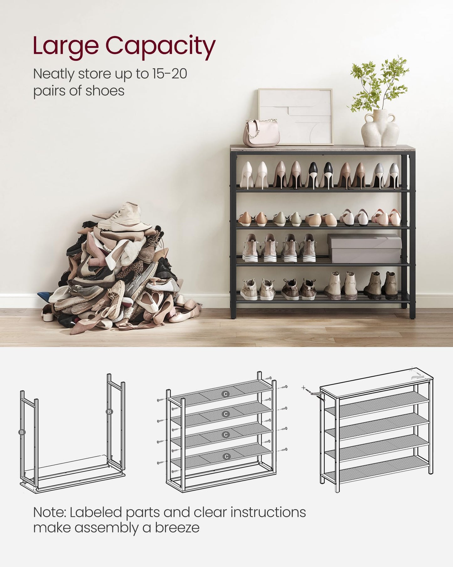 VASAGLE INDESTIC Shoe Rack, Organizer for Closet with 4 Mesh Shelves and Large Top for Bags