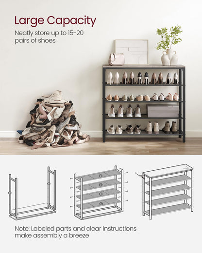VASAGLE INDESTIC Shoe Rack, Organizer for Closet with 4 Mesh Shelves and Large Top for Bags