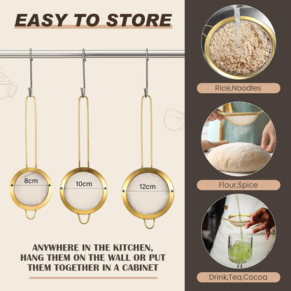 Norme 3 Quart Stainless Steel Gold Colander Gold Fine Mesh Strainer, Stainless Steel Pasta Rice Food Metal Strainer with Handles, Easy Clean and Dishwasher Safe
