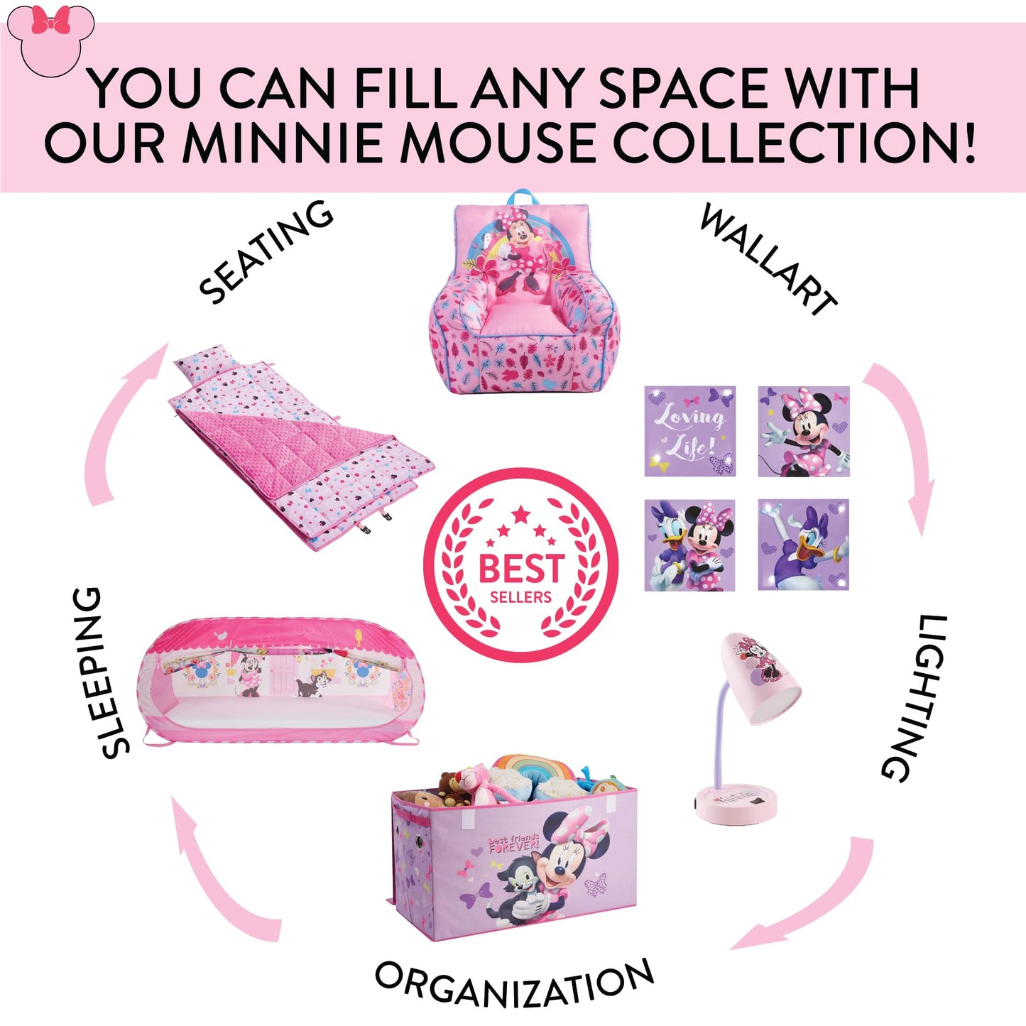 Disney Minnie Mouse Pop-Up Hamper,“Oh So Happy” Design, 21”H x 13.5”W x 13.5”L, Durable &