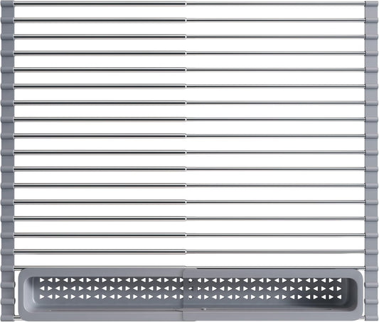 Over The Sink Dish Drying Rack for Kitchen, Expandable (12.8"-23.8" D x 15.5" W) Roll Up Dish Drainer with The Function of Fordable, Rust Proof, Large Sink Cover with Removable Utensil Holder