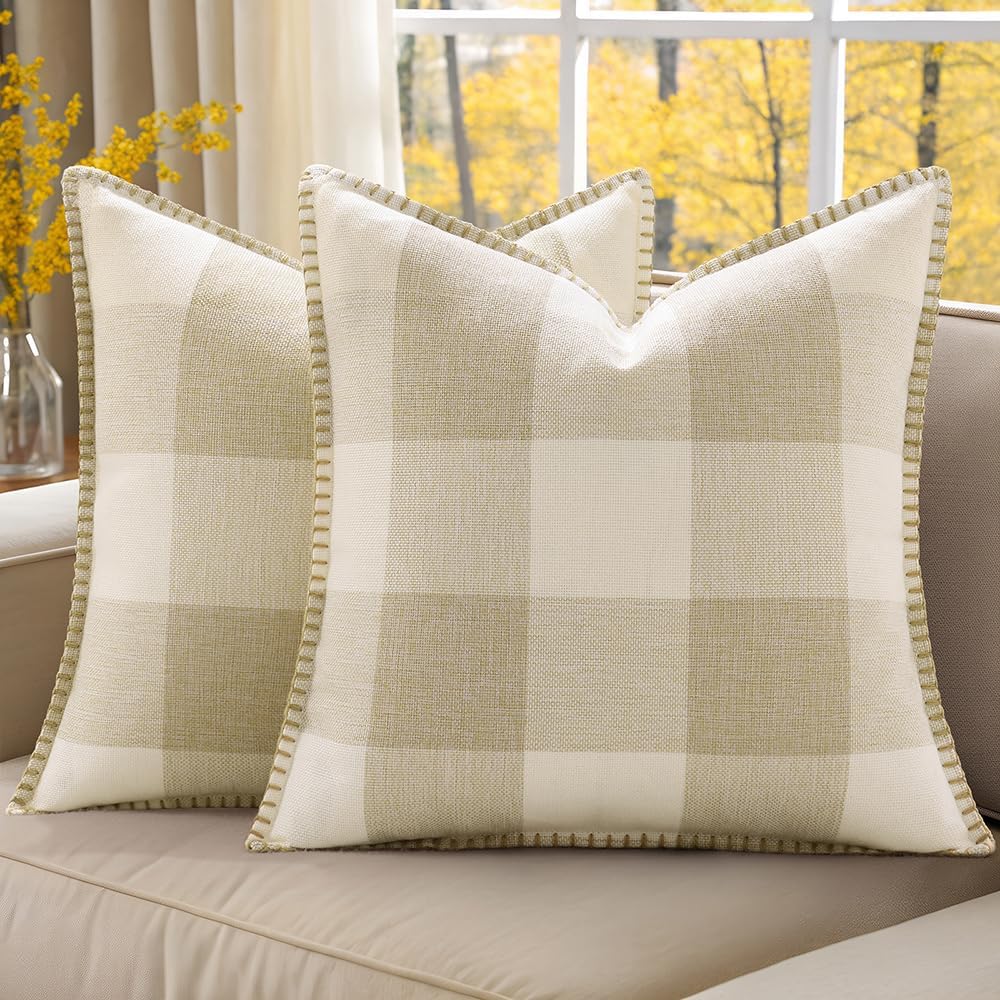decorUhome Buffalo Plaid Check Fall Throw Pillow Covers 16x16 Set of 2, Outdoor Decorative Farmhouse Pillow Covers with Stitched Edge for Bed Couch Sofa, Cream White and Beige