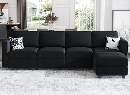 Belffin Modular Sectional Sofa Couch with Reversible Chaise Velvet L Shaped Couch Sofa with Storage 4-seat Convertible Sectional Sofas Black