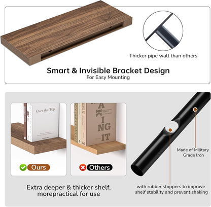 Fun Memories Floating Shelves - 24 Inch Rustic Wooden Wall Shelves - Extra Deeper & Thicker Wall Mounted Storage Shelf for Living Room, Kitchen, Farmhouse - 24"x 9"x 1.6" 2Pack, Walnut