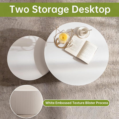 Round Nesting Coffee Table Modern White Fluted Coffee Table Set of 2 Stripe Cream Round Coffee Tables Drum Crescent Side Table Accent End Table for Living Room (White A Large)