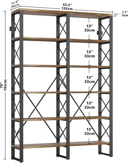 IRONCK Bookshelves Double Wide 6-Tier 76" H, Open Large Bookcase, Industrial Style Shelves for Home Office, Easy Assembly