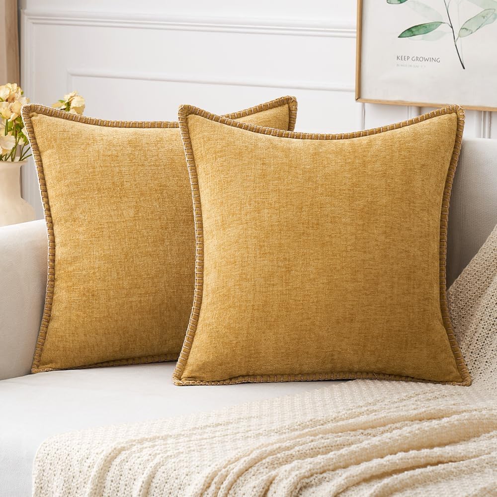 MIULEE Pack of 2 Couch Throw Pillow Covers 24x24 Inch Gold Farmhouse Decorative Pillow Covers with Stitched Edge Soft Chenille Solid Dyed Fall Pillow Covers for Sofa Bed Living Room