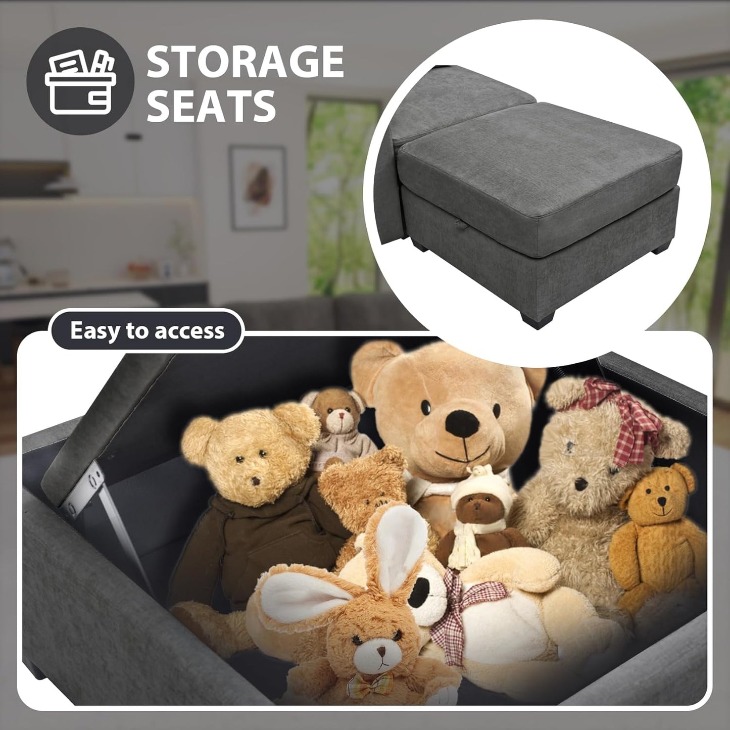 mestyl Modular Sectional Sofa Convertible L Shaped Sofa Couch Set with Storage for Living Room, Modern 4 Seater Modular Sectional Couch with Movable Ottoman (Grey)