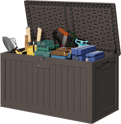 Devoko 240 Gallon Double-Wall Deck Box with Divider, Side Handles, Resin Outdoor Large Storage Box Waterproof and Lockable for Patio Furniture, Garden, Pool (Brown)