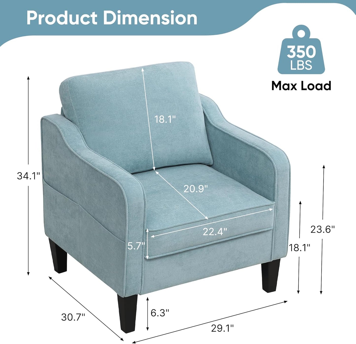 Accent Chairs Set of 2, Upholstered Living Room Chairs with Side Pockets, Mid Century Modern Reading Chair for Bedroom, Comfy Armchair Single Sofa Side Chair for Office, Small Room, Teal Green