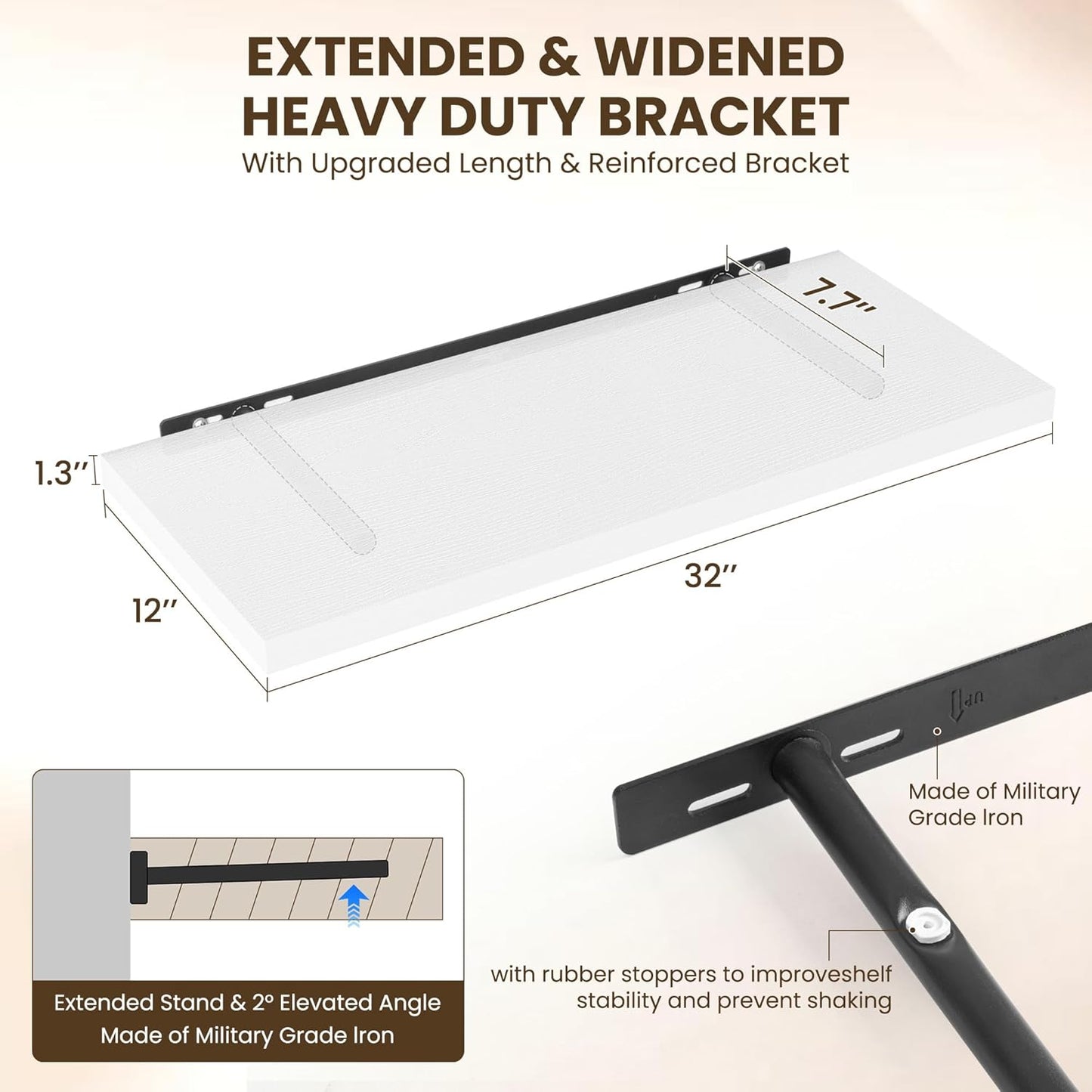 32" Floating Shelves for Wall, 12" Deep Slim White Floating Shelves, Wall-Mounted Shelves for Bedroom, Living Room, Kitchen, Bathroom - Set of 2