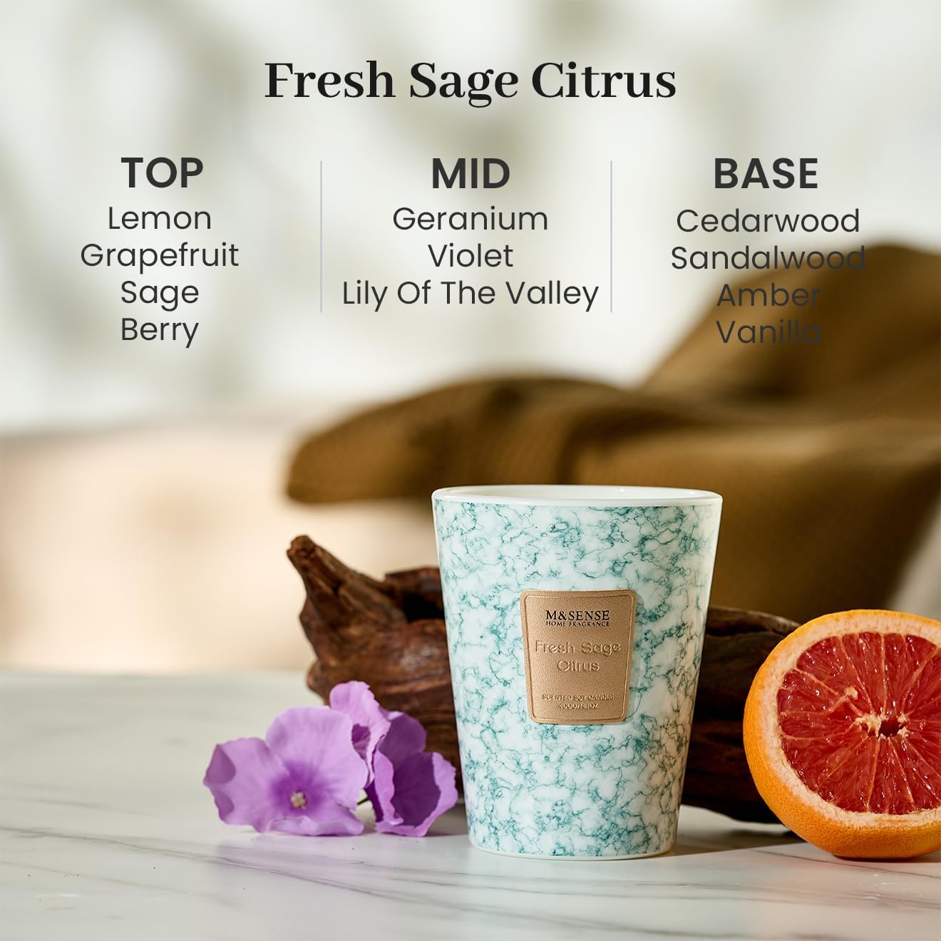 M&SENSE FreshSage Citrus Scented Candles for Home, Lead-Free Wick Highly Scented Jar Candles, 14.1 Oz 80 Hours Lasting Burning Candles Gifts for Women, Relaxing Aromatherapy Candle for Stress Relief