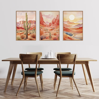 HLNIUC Boho Desert Plant Framed Canvas Wall Art Set,Southwestern Sun Mountain Wall Decor,Cactus Sunset Landscape Wall Painting,Watercolor Abstract Desert Art Prints for Living Room,Bedroom - 16”x24”x3