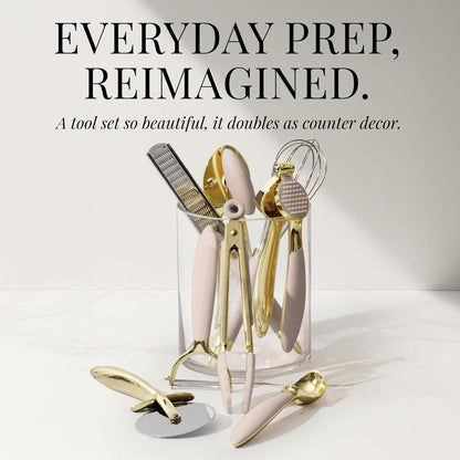 Gold and Beige Kitchen Utensils Set – 8 PC Cooking Gadgets with Mini Gold Whisk and Tongs, Pizza Cutter, Garlic Press, Cheese Grater, Peeler, Can Opener, Scoops – Stylish Beige Kitchen Accessories