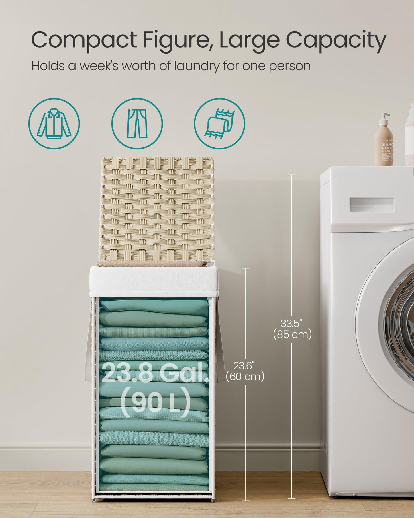 SONGMICS Laundry Hamper with Lid, 17.2 Gallon (65L) Synthetic Rattan Clothes Laundry Basket with