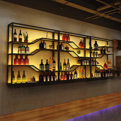 94.4in Wall Mounted Wine Rack with LED Light, 5-Tiers Liquor Bottles Display Shelf with Glasses Holder, Metal Home Bar Shelves with Industrial Iron Frame for Kitchen (Black, 94.4in/7.87ft)