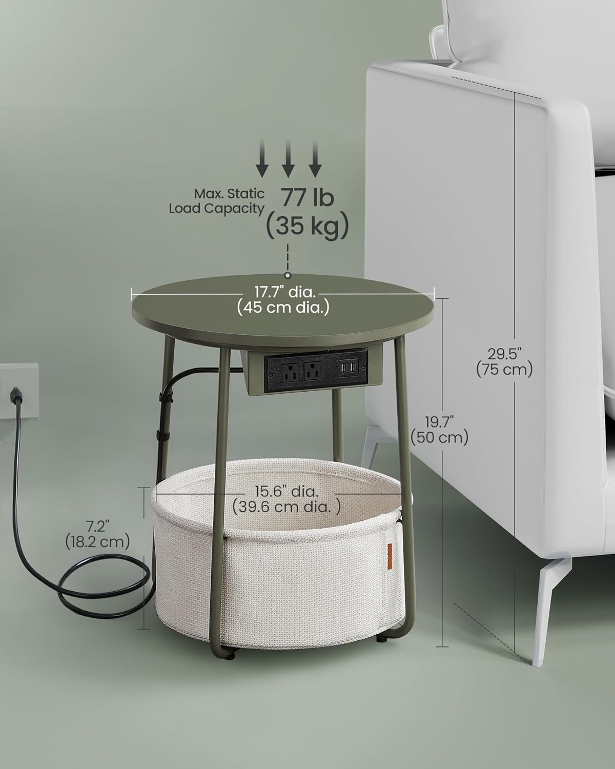 VASAGLE Side Table with Charging Station, Round End Table with Fabric Basket, Nightstand with Power Outlets, USB Ports, for Living Room, Bedroom, Modern, Forest Green and Cream White ULET228C04