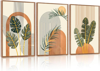KAIRNE Boho Canvas Wall Art,Tropical Palm Leaf Wall Decor,Mid-Century Geometric Illustrations Set of 3(16”X24”),Abstract Line Pictures,Modern Botanical Prints for Living Room Bedroom Dining Room Decor