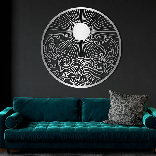 flyoak Metal Sun Wall Decor Outdoor, Sunrise Metal Wall Art, Metal Wave Wall Art, Sunrise and Wave Wall Decor, Sunburst Wall Art, Sunset Wall Art, Wall Hangings for Bedroom (Silver, 30x30in|76x76cm)